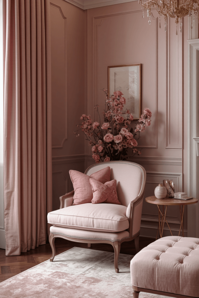 A pink and cream patterned rug anchoring the seating area