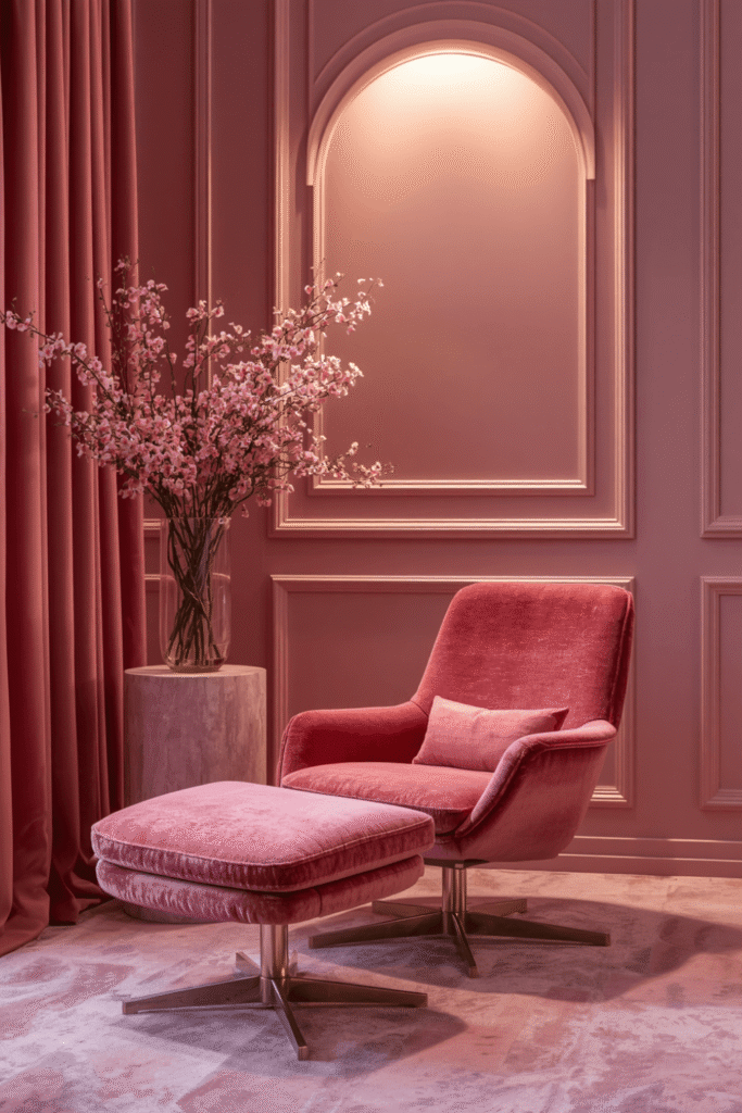 A pouffe or floor cushion in pink velvet or bouclé near a coffee table