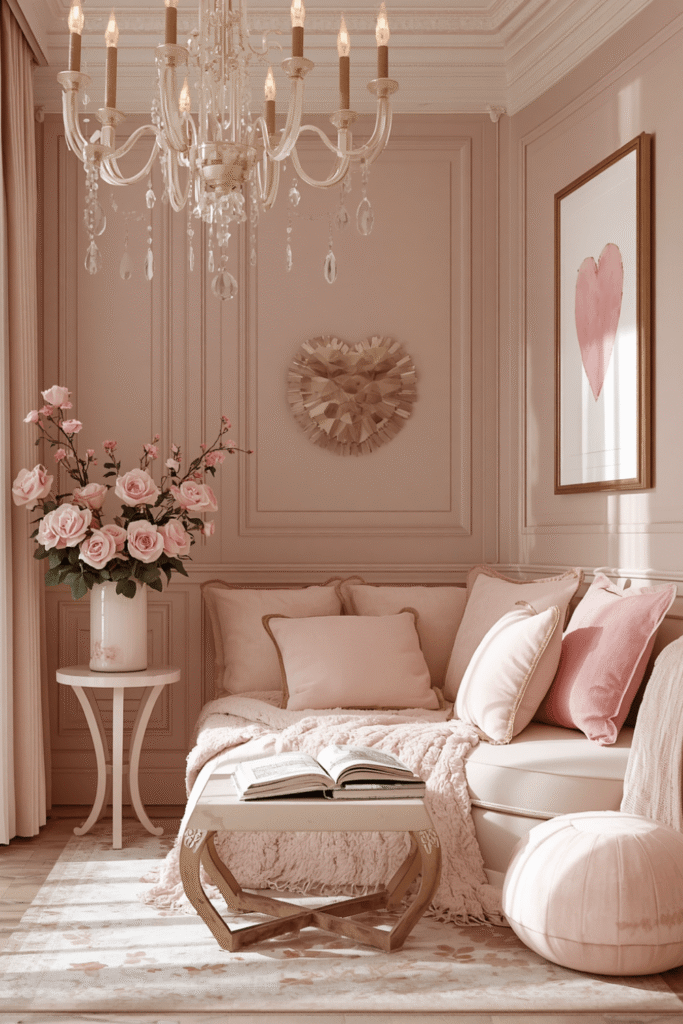 A reading nook built around a tufted pink chair and a canopy or curtain