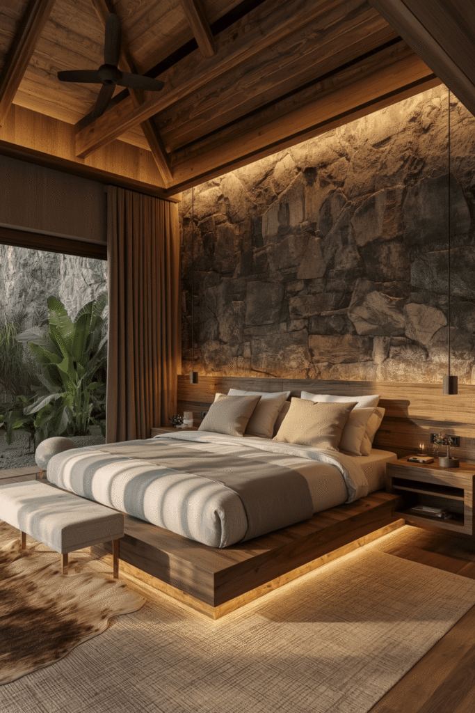 A river rock or pebble accent panel as part of a headboard