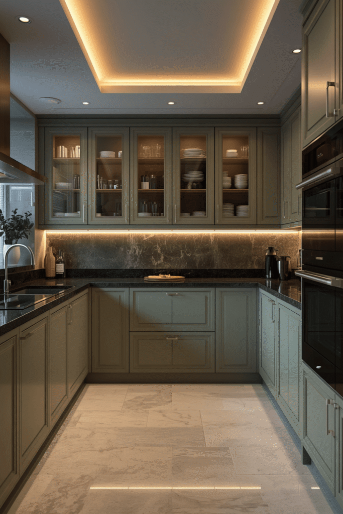 A sage green kitchen island in a contrasting tone to the perimeter cabinets