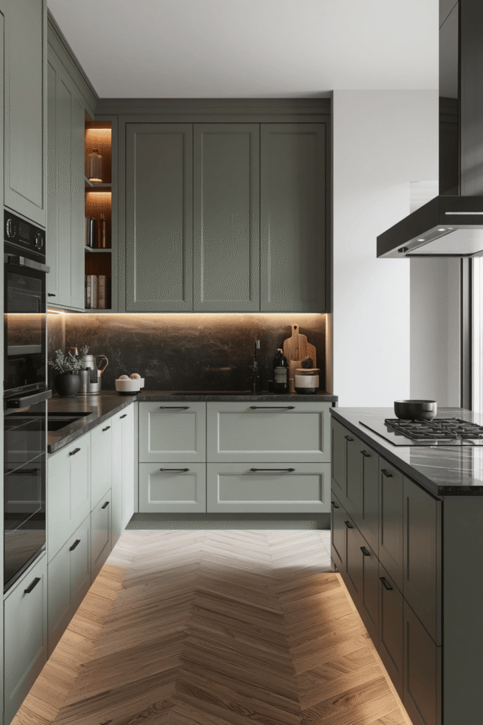 A sage green kitchen with fully integrated appliances and push-to-open drawers