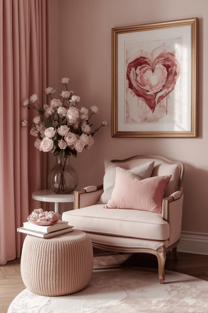 A single blush pink accent wall behind the sofa