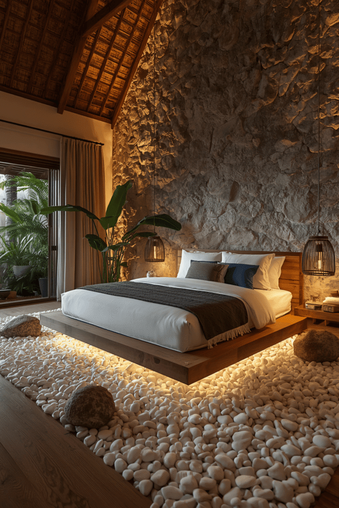 A single stone feature wall behind the bed