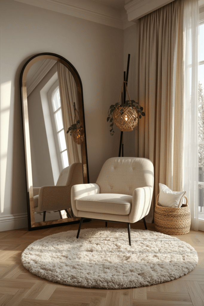 A small gallery of art or framed prints above the chair