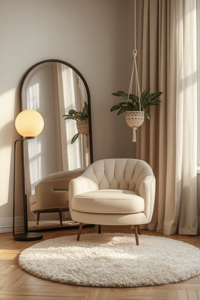. A tall floor plant beside the chair to soften the corner