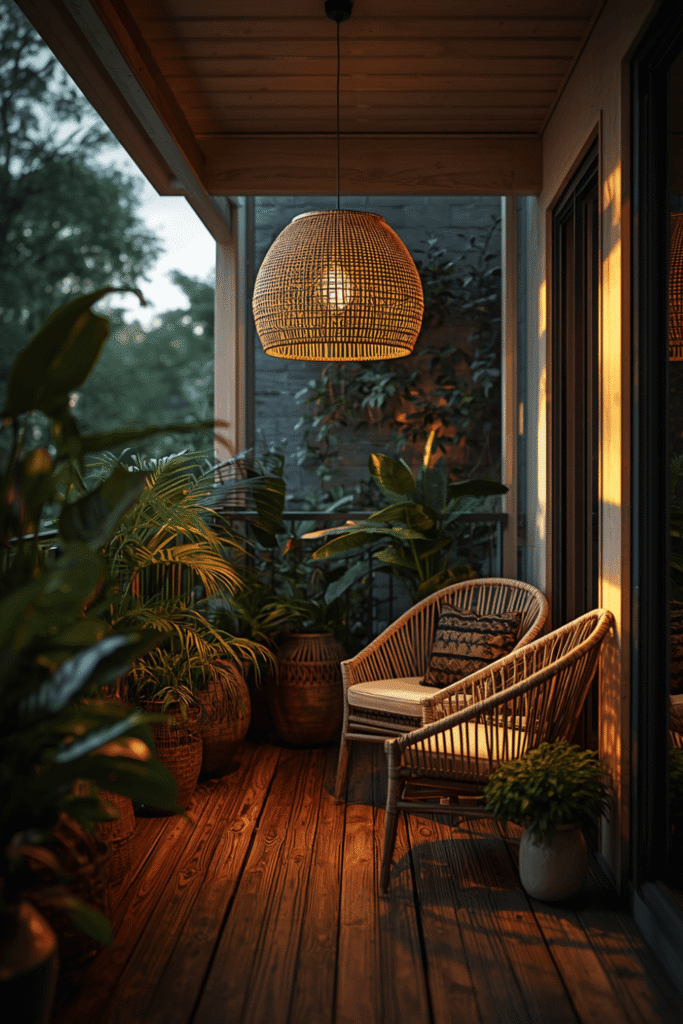 A two-seat rattan or wicker loveseat with cushions
