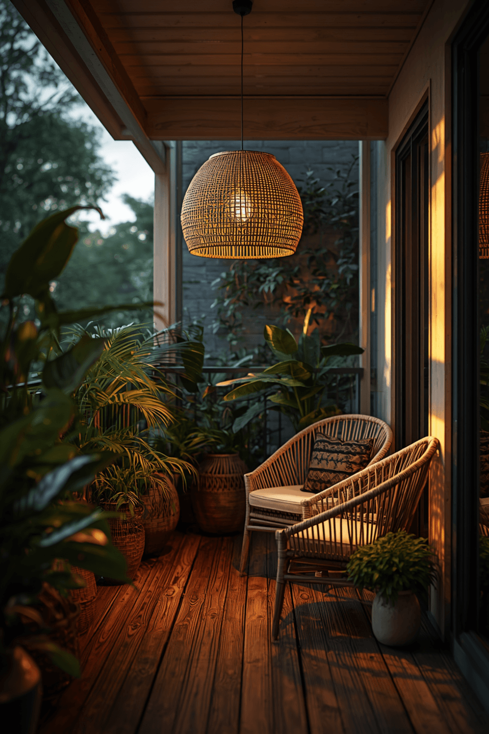 A two-seat rattan or wicker loveseat with cushions