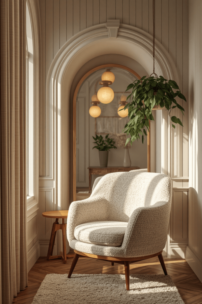 A warm-toned table lamp on a side table within reach