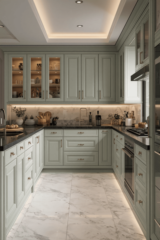 A warm wood countertop or breakfast bar alongside sage green cabinets