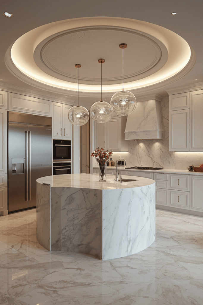 A white marble backsplash running floor to ceiling behind the range