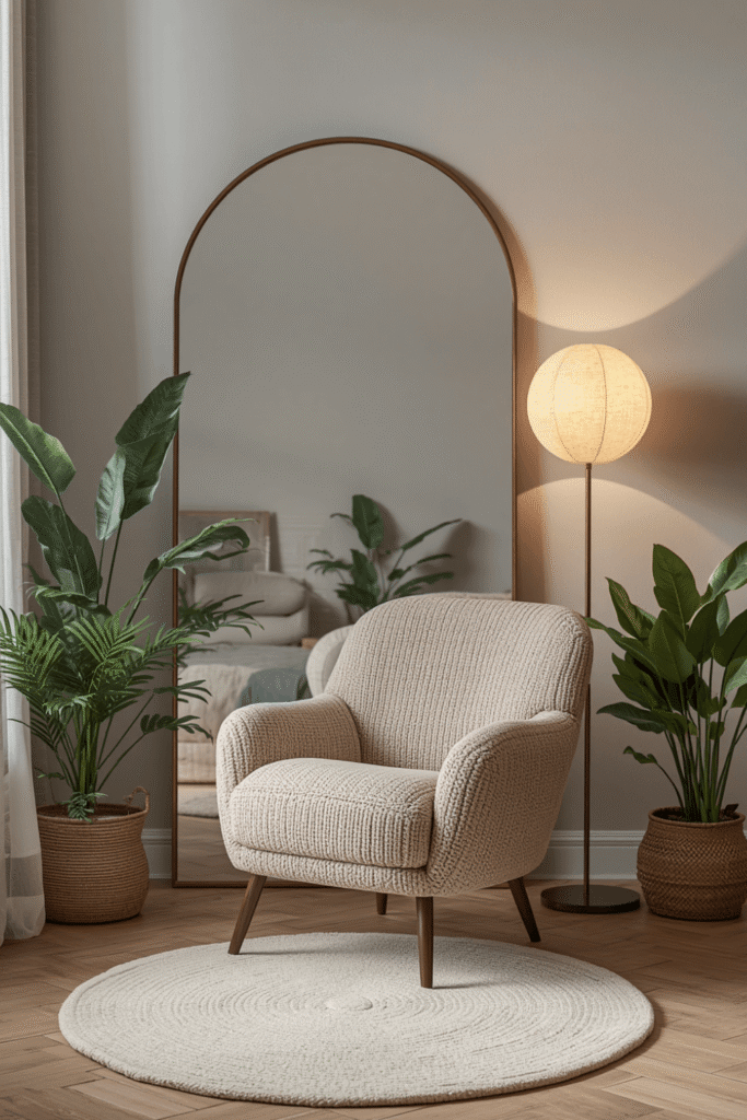 An arched floor mirror leaning beside the chair