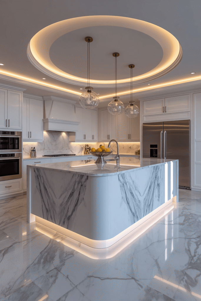 Bookmatched marble on a kitchen island or backsplash