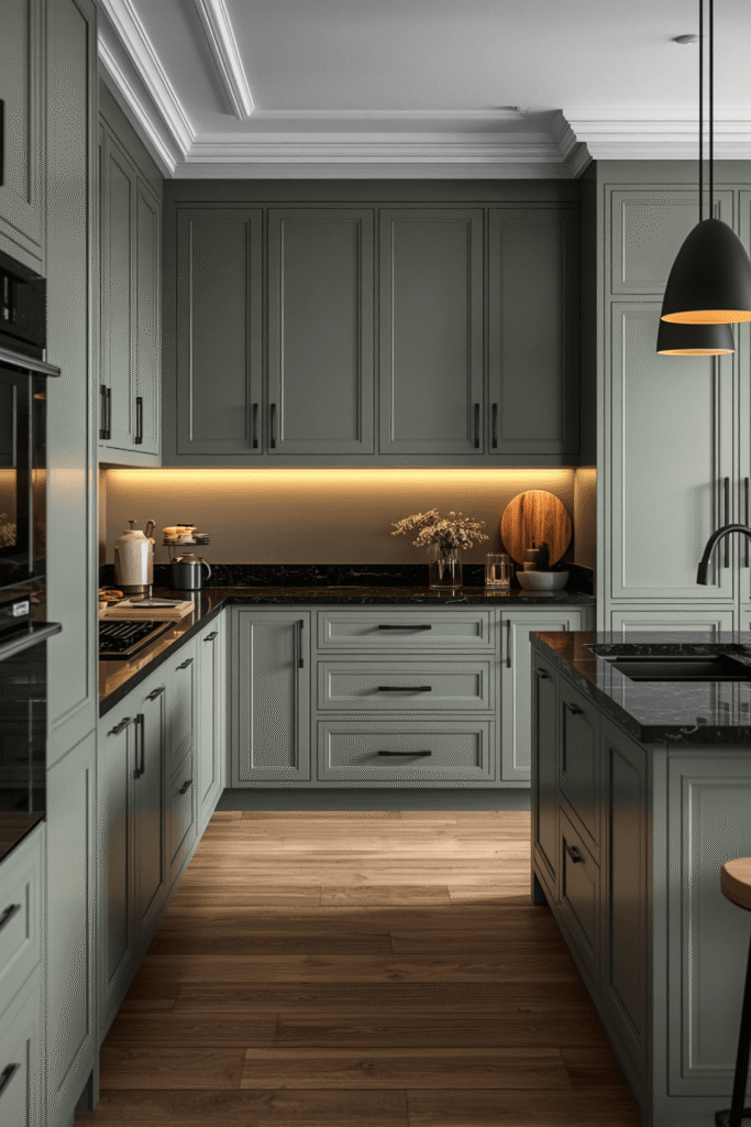 Built-in sage green cabinetry running floor to ceiling