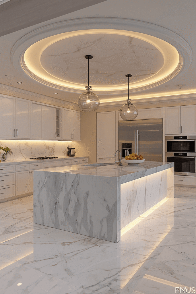 Calacatta marble countertops with waterfall edges on the island