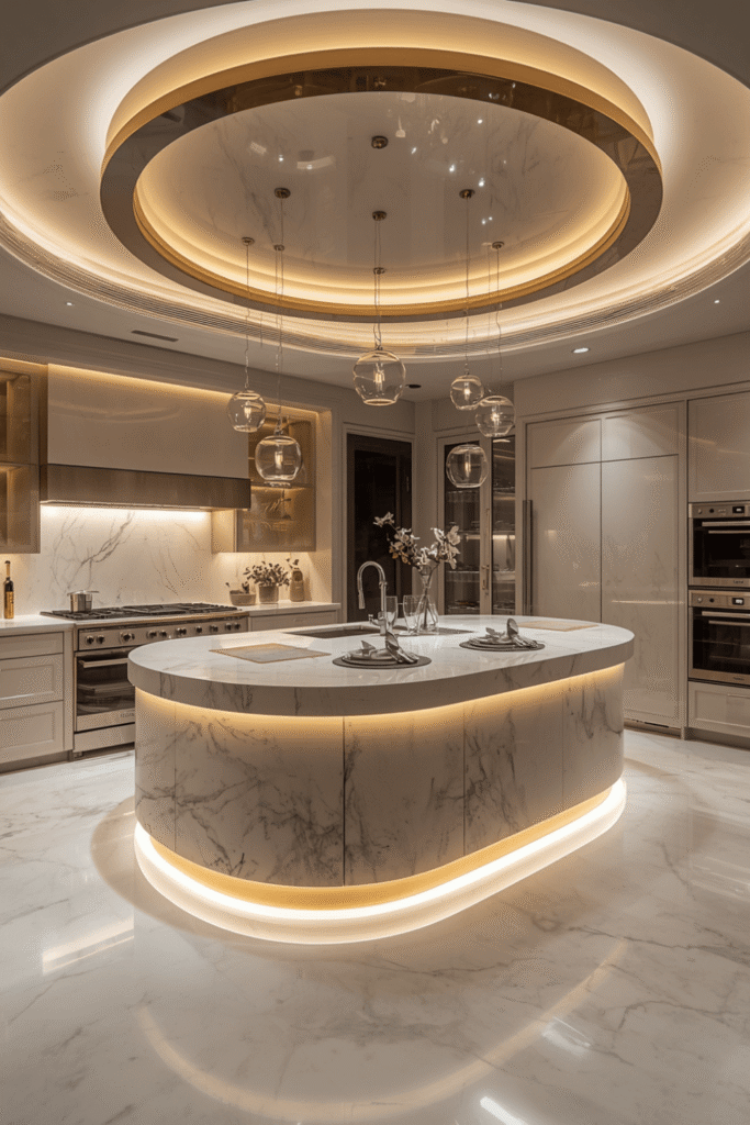 Flat-front, handle-free cabinets in white, ivory, or warm grey