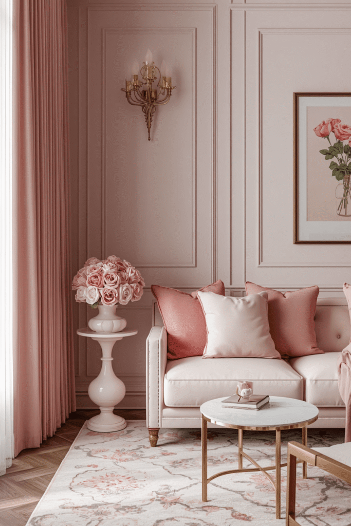 Full blush walls in a small living room or apartment