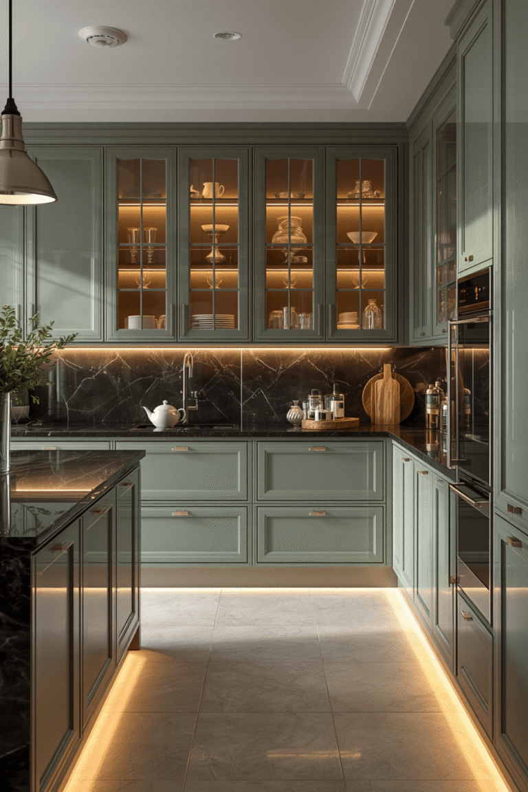 Full handleless sage green cabinets in a matte finish
