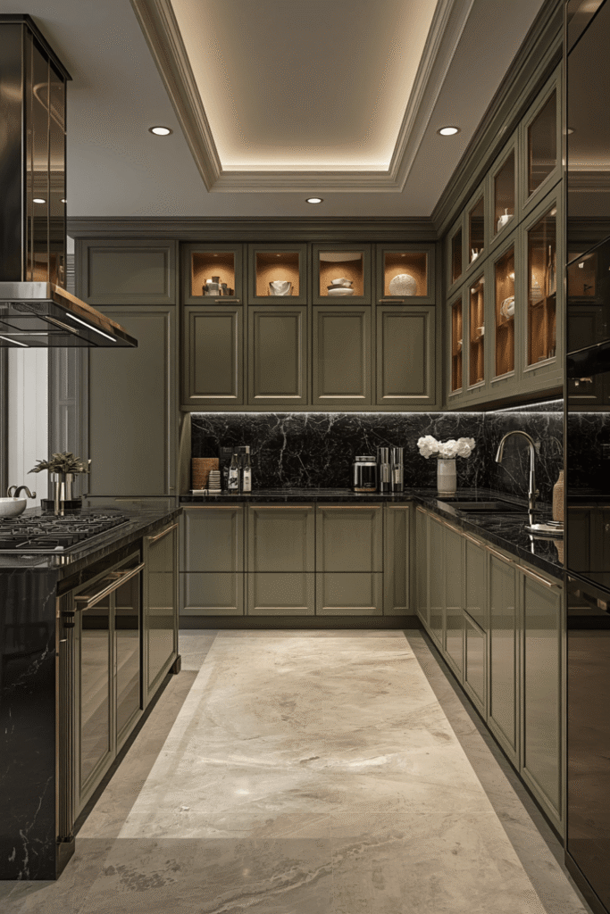 Glossy sage green cabinets for a more dramatic, contemporary look