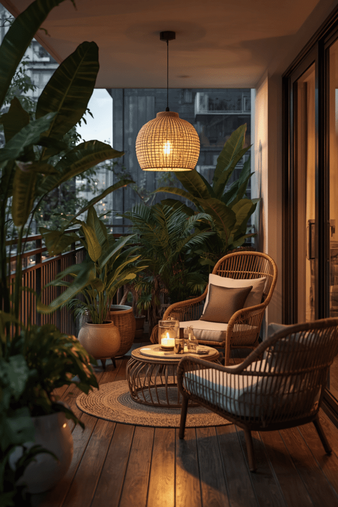 Hanging planters at different heights near the ceiling