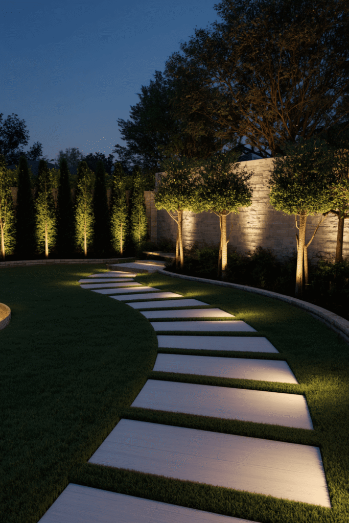 In-ground uplights along garden borders.