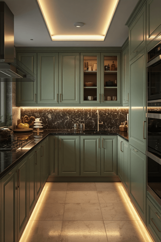 LED strip lighting inside glass-fronted upper cabinets