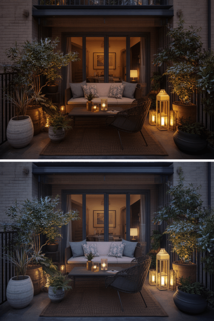 Layered potted plants in mixed sizes and materials