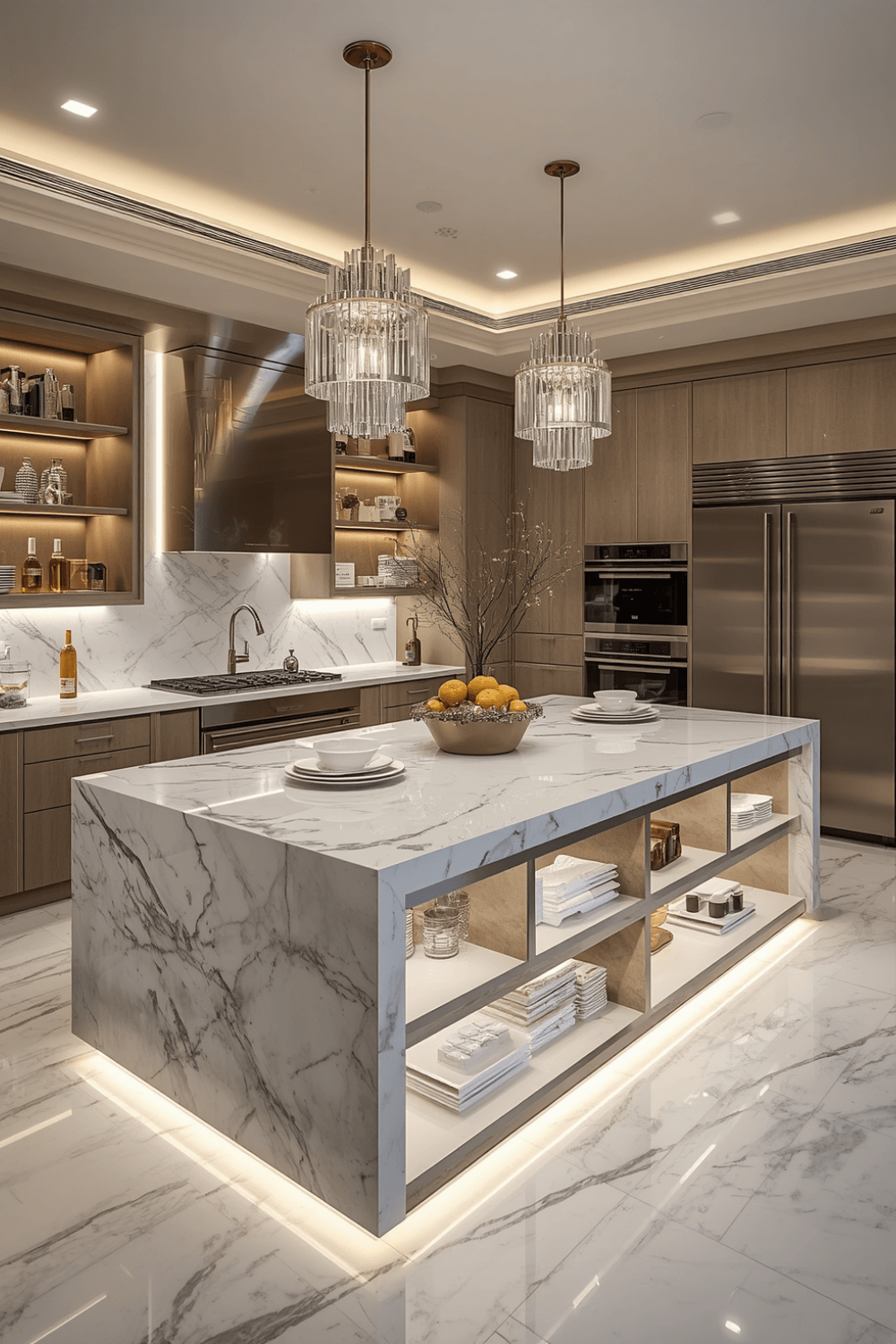 Marble on the island only, with a contrasting countertop material 
