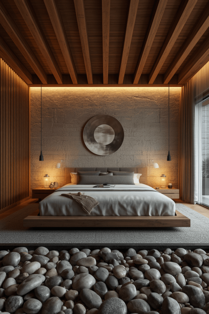 Natural stone tile on the bedroom floor, with a layered rug