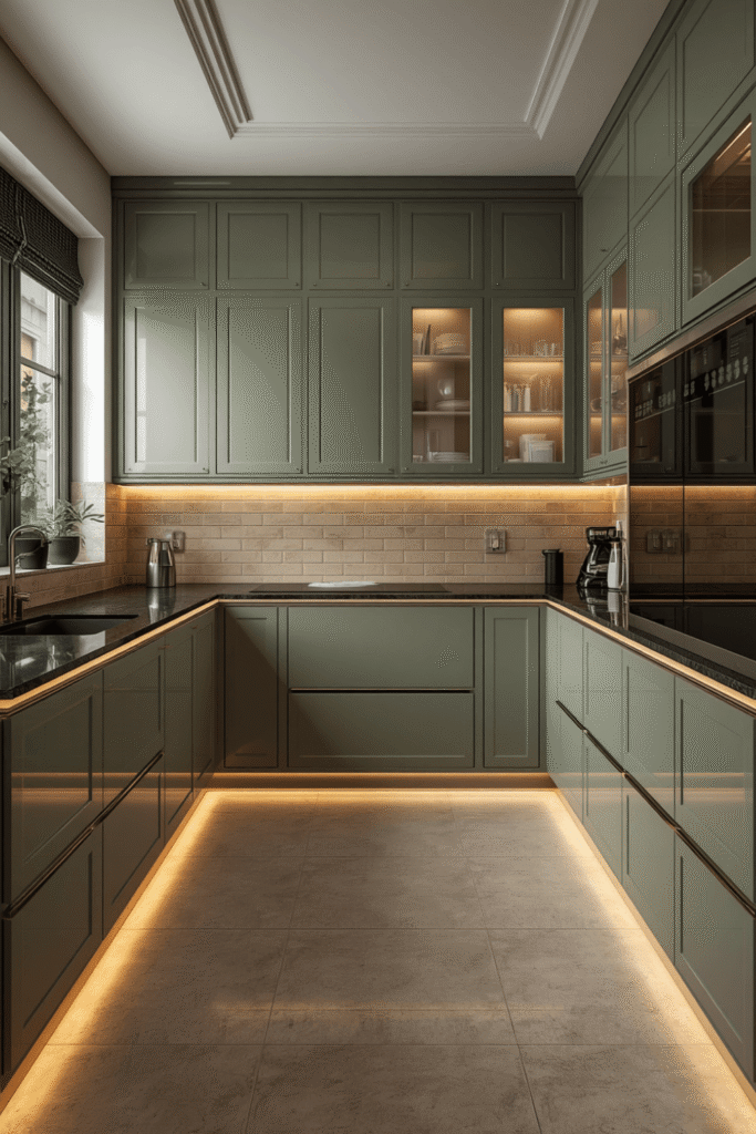 Open shelving in one section of the kitchen in a contrasting material