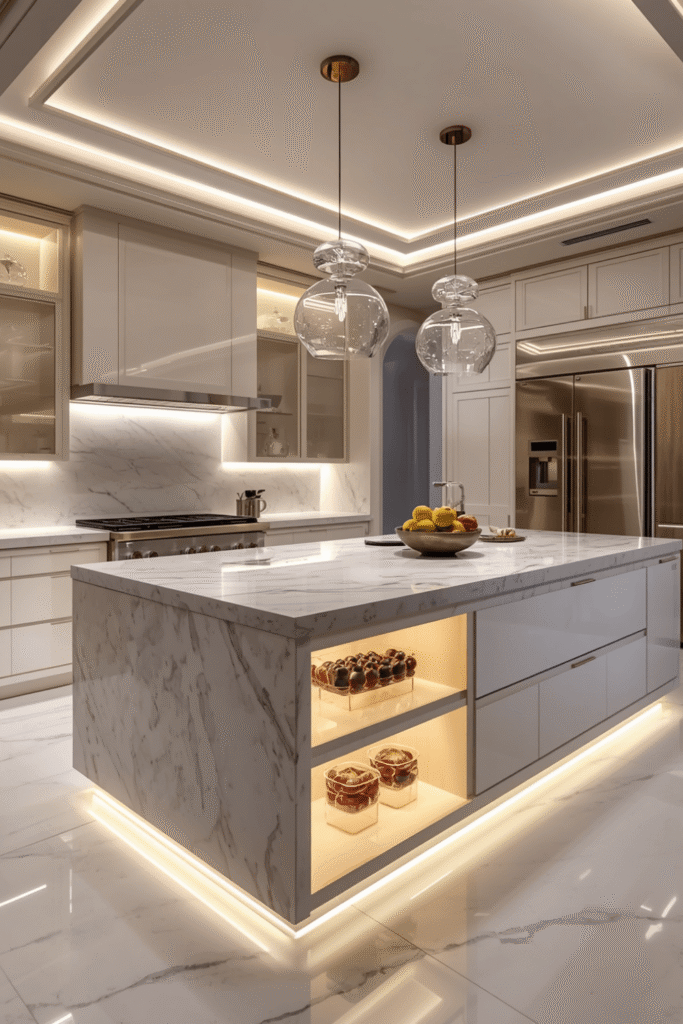 Open shelving in one section of upper cabinetry, styled with restraint