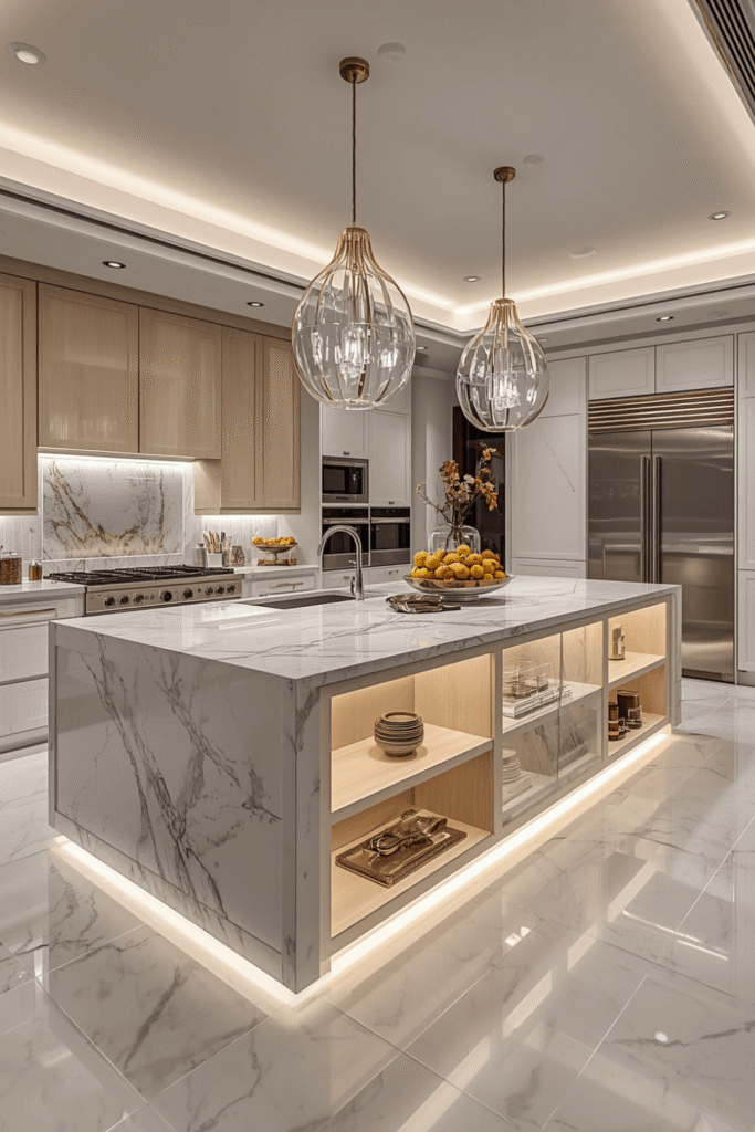 Pendant lights over the island in brushed brass or smoked glass