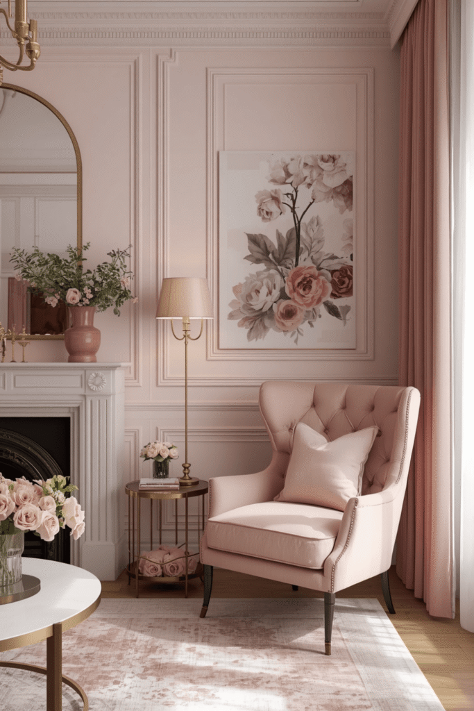 Pink flowers, fresh or dried, as a recurring detail
