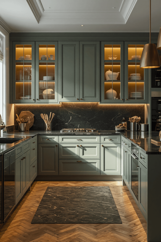 Sage green handleless cabinets in a U-shape layout