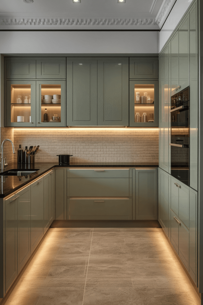 Sage green lower cabinets with white or cream upper cabinets