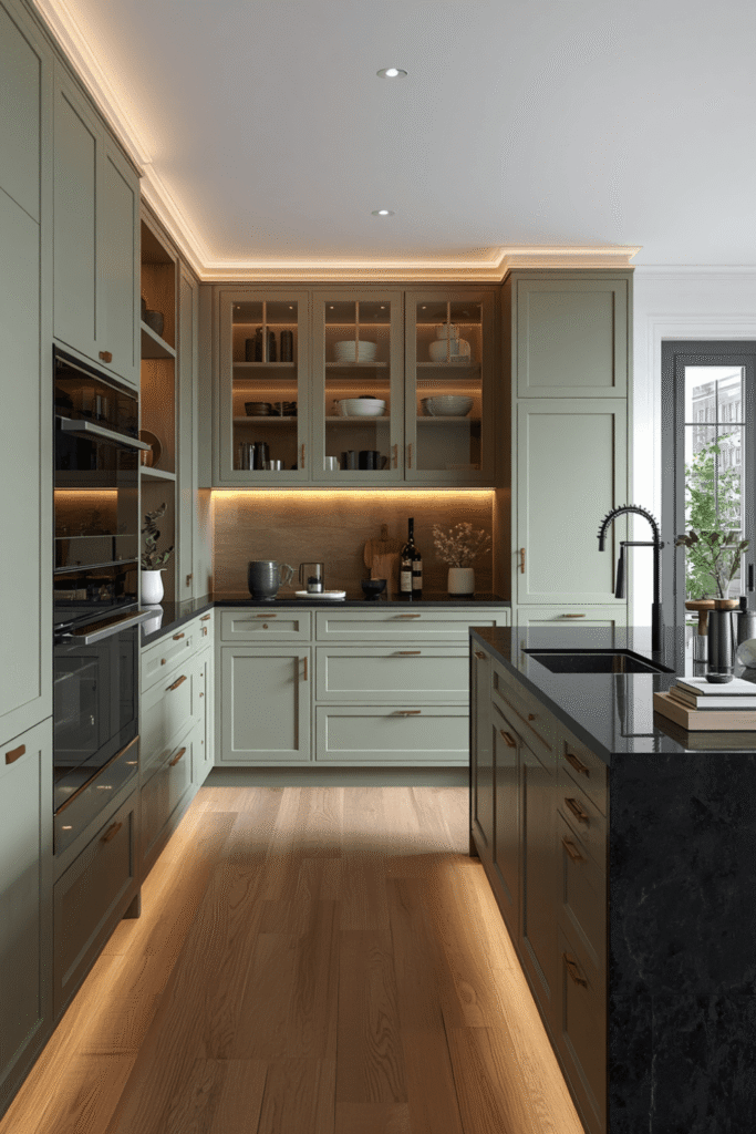 Statement pendant lights over a kitchen island in aged brass or bronze