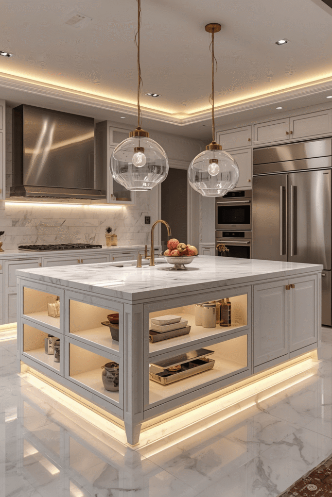 Toe-kick LED lighting at floor level for a contemporary finish