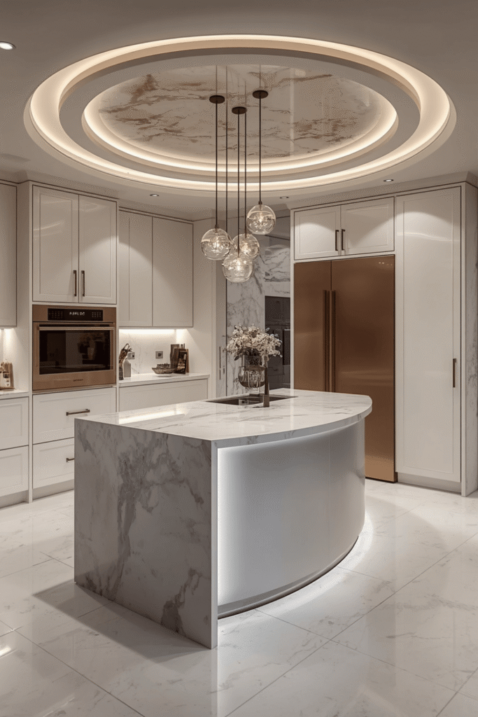 Under-island LED strip lighting directed at the floor