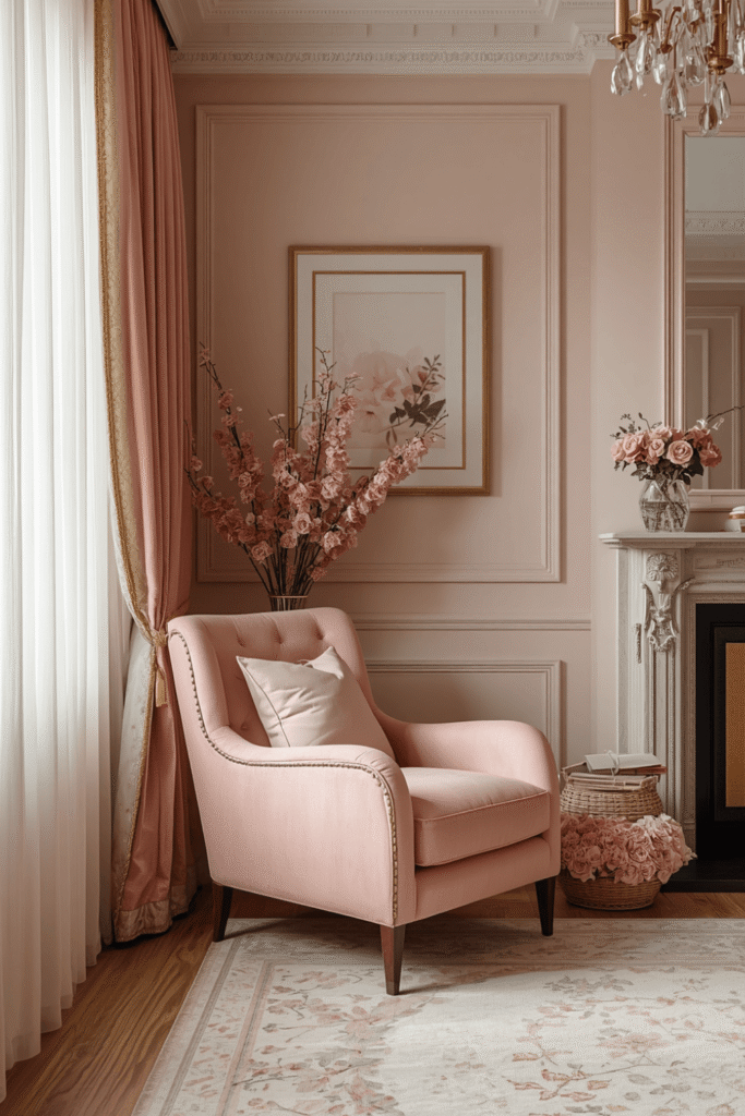 A pink canopy or sheer curtain over a sofa or reading chair for a dreamy pink room aesthetic