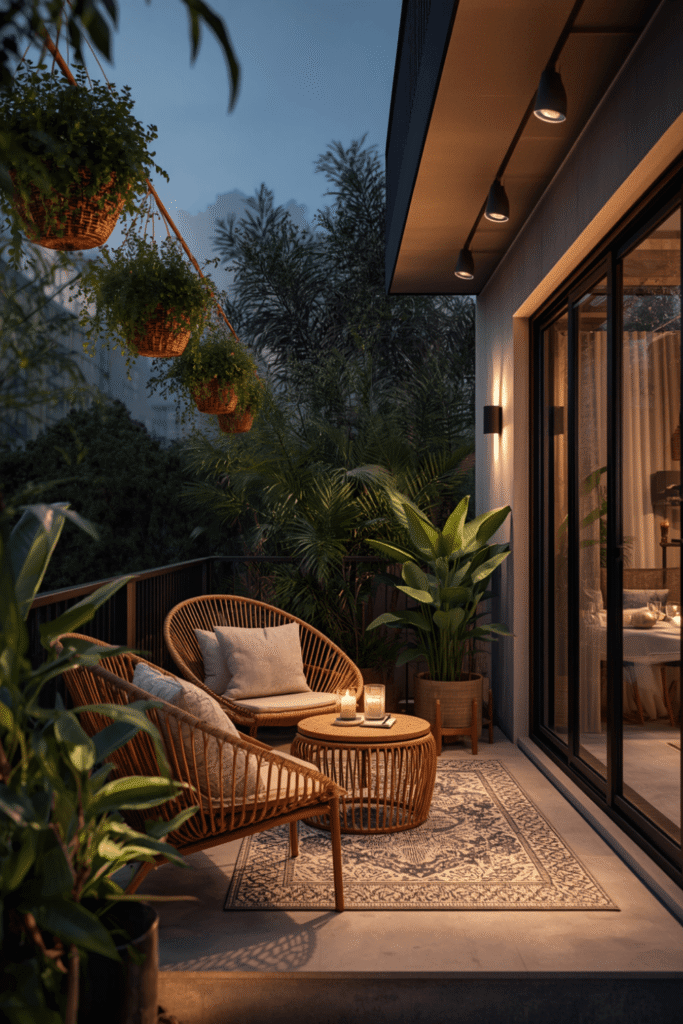 Warm string lights draped across the ceiling or railing