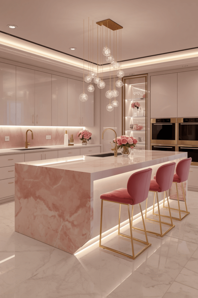 3. Add a neutral stone countertop with warm veining