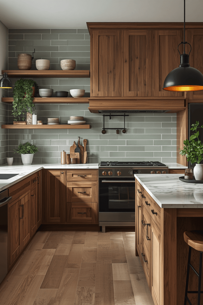 4. Balance green cabinets with warm, neutral countertops