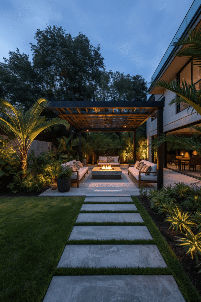A built-in concrete or stone bench along a retaining wall or fence line