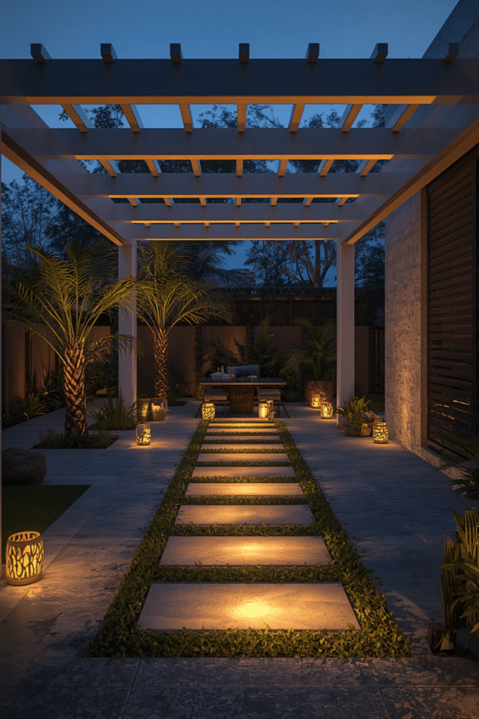 A daybed or outdoor lounger beside a pool or garden feature