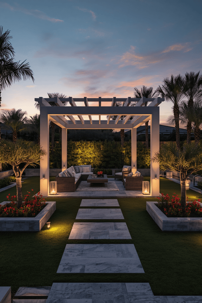 A large format stone or porcelain tile patio as the base