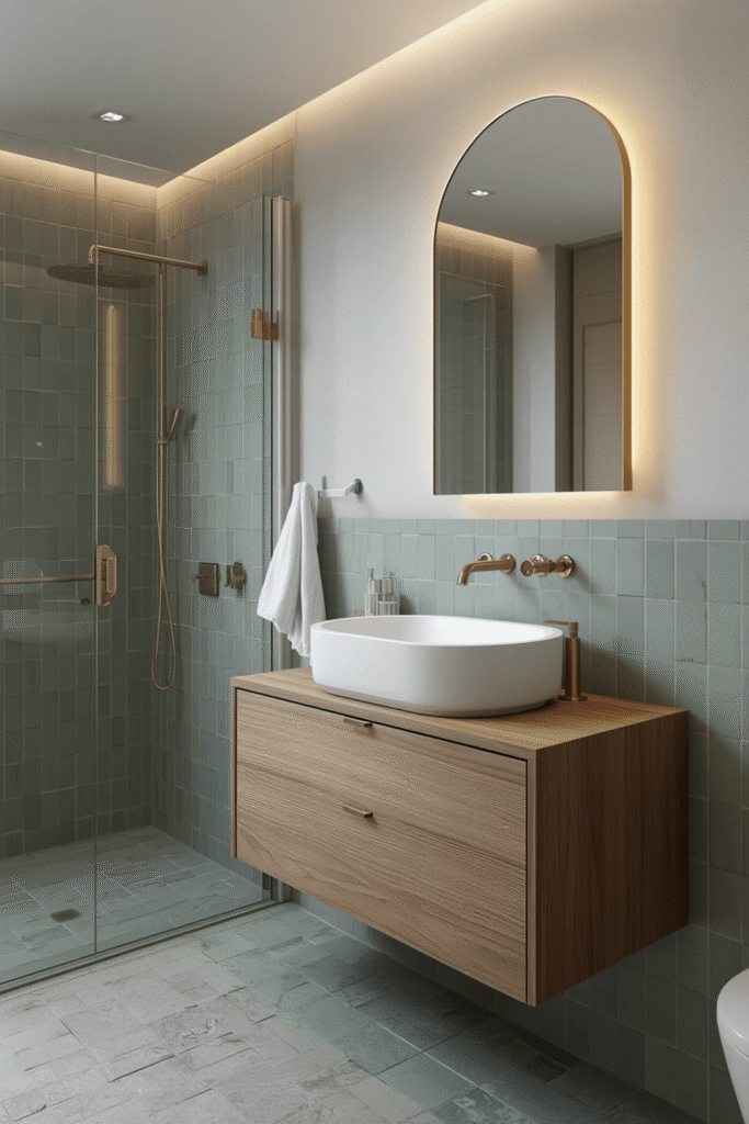 Double floating vanity in a warm wood tone