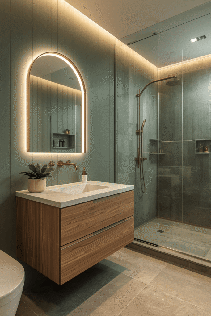 Half-tiled walls with sage green paint above