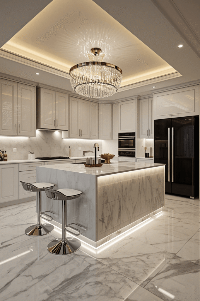 Marble Floor Kitchen with Warm Wood Accents