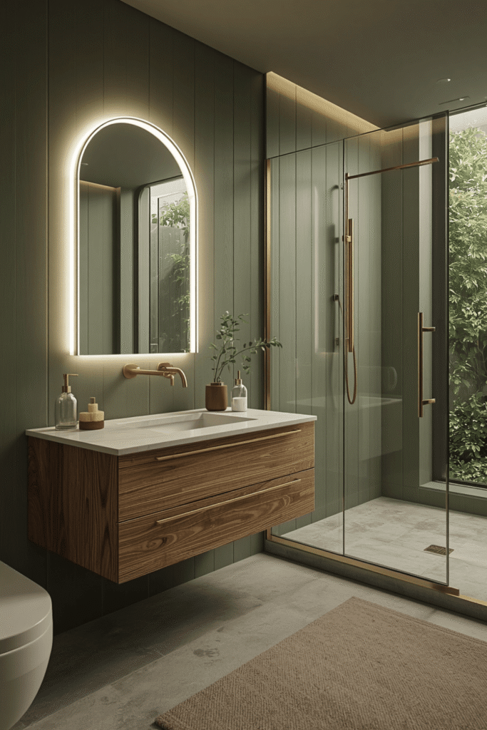 Matte black fixtures against sage tile