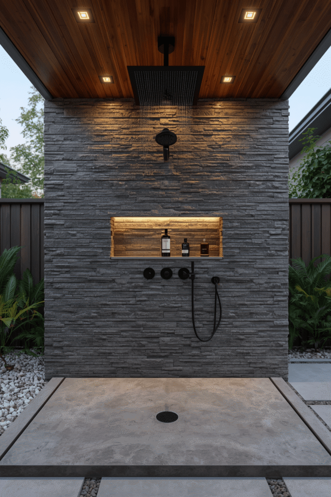 Outdoor Shower Built Into a Deck Corner